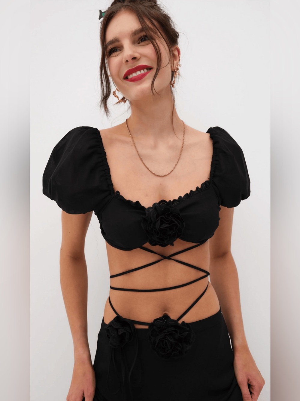 For Love & Lemons Adella Top & Melody Midi Skirt Set Black Rosette | M - Picture 5 of 16